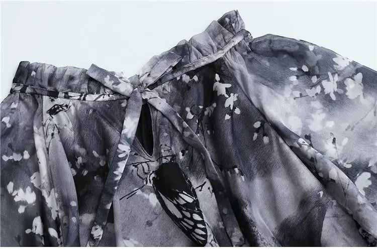 Flowy Chiffon Floral Print Maxi Dress for Women with Long Sleeves and Belt, Boho Beach Party Garden Elegant Dress