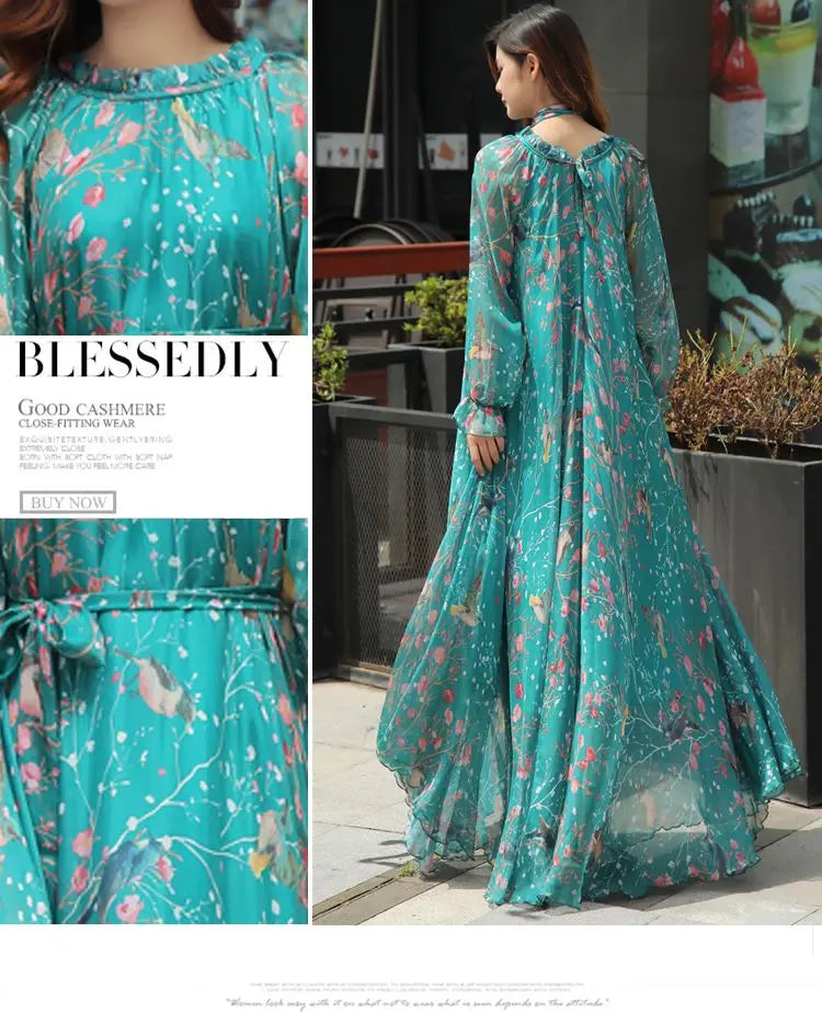 Flowy Chiffon Floral Print Maxi Dress for Women with Long Sleeves and Belt, Boho Beach Party Garden Elegant Dress