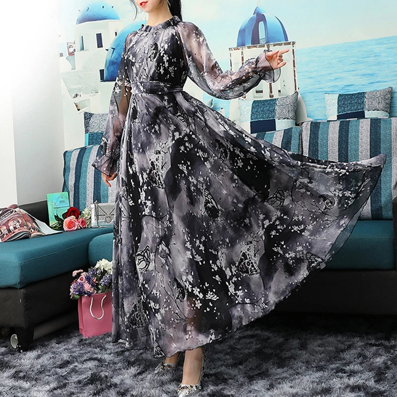 Flowy Chiffon Floral Print Maxi Dress for Women with Long Sleeves and Belt, Boho Beach Party Garden Elegant Dress