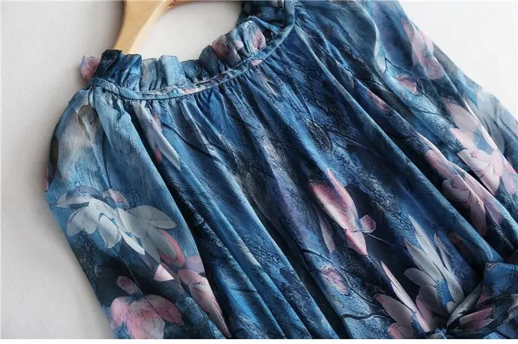 Flowy Chiffon Floral Print Maxi Dress for Women with Long Sleeves and Belt, Boho Beach Party Garden Elegant Dress