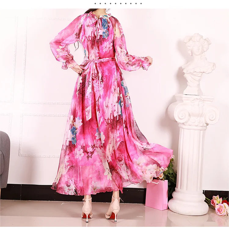 Flowy Chiffon Floral Print Maxi Dress for Women with Long Sleeves and Belt, Boho Beach Party Garden Elegant Dress