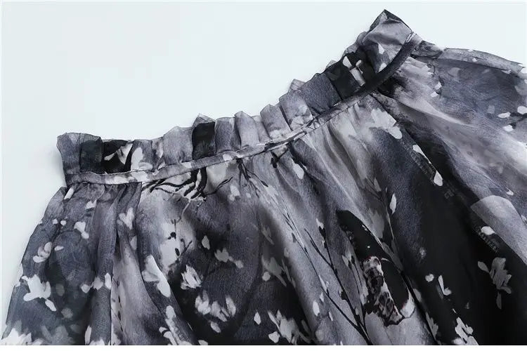 Flowy Chiffon Floral Print Maxi Dress for Women with Long Sleeves and Belt, Boho Beach Party Garden Elegant Dress