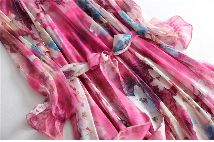 Flowy Chiffon Floral Print Maxi Dress for Women with Long Sleeves and Belt, Boho Beach Party Garden Elegant Dress