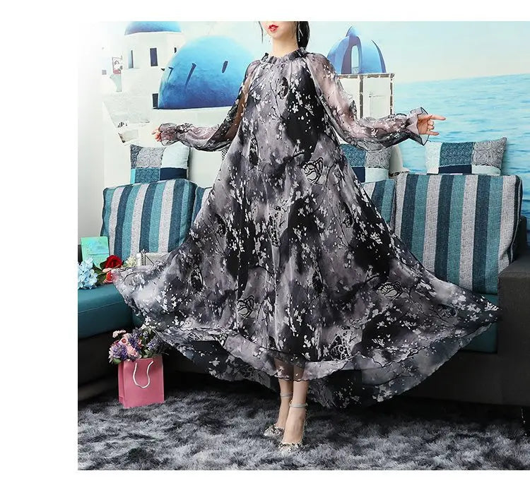 Flowy Chiffon Floral Print Maxi Dress for Women with Long Sleeves and Belt, Boho Beach Party Garden Elegant Dress