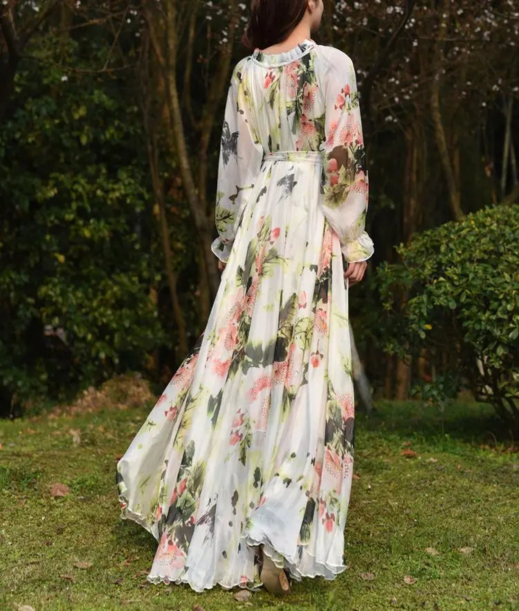 Flowy Chiffon Floral Print Maxi Dress for Women with Long Sleeves and Belt, Boho Beach Party Garden Elegant Dress