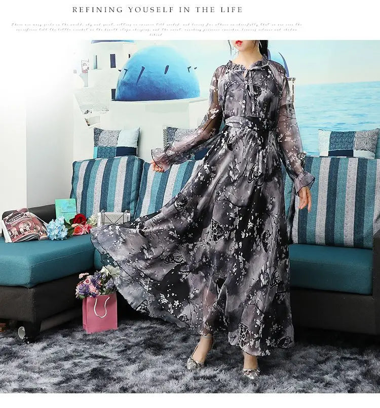 Flowy Chiffon Floral Print Maxi Dress for Women with Long Sleeves and Belt, Boho Beach Party Garden Elegant Dress