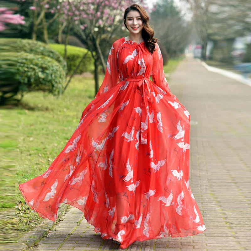 Flowy Chiffon Floral Print Maxi Dress for Women with Long Sleeves and Belt, Boho Beach Party Garden Elegant Dress