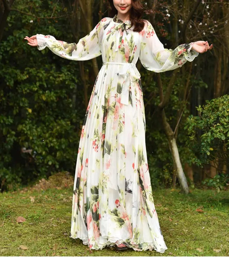 Flowy Chiffon Floral Print Maxi Dress for Women with Long Sleeves and Belt, Boho Beach Party Garden Elegant Dress