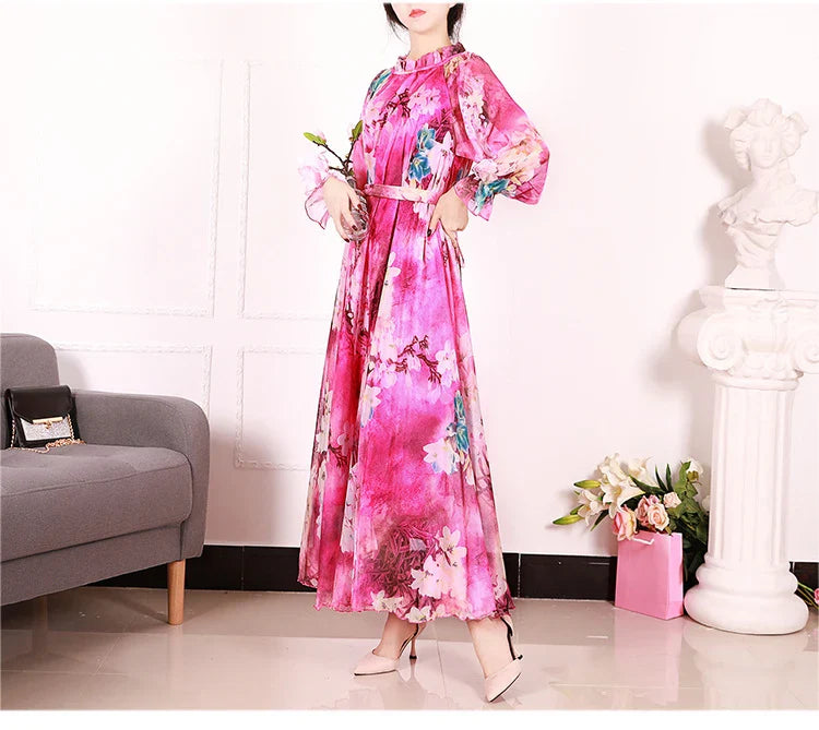 Flowy Chiffon Floral Print Maxi Dress for Women with Long Sleeves and Belt, Boho Beach Party Garden Elegant Dress