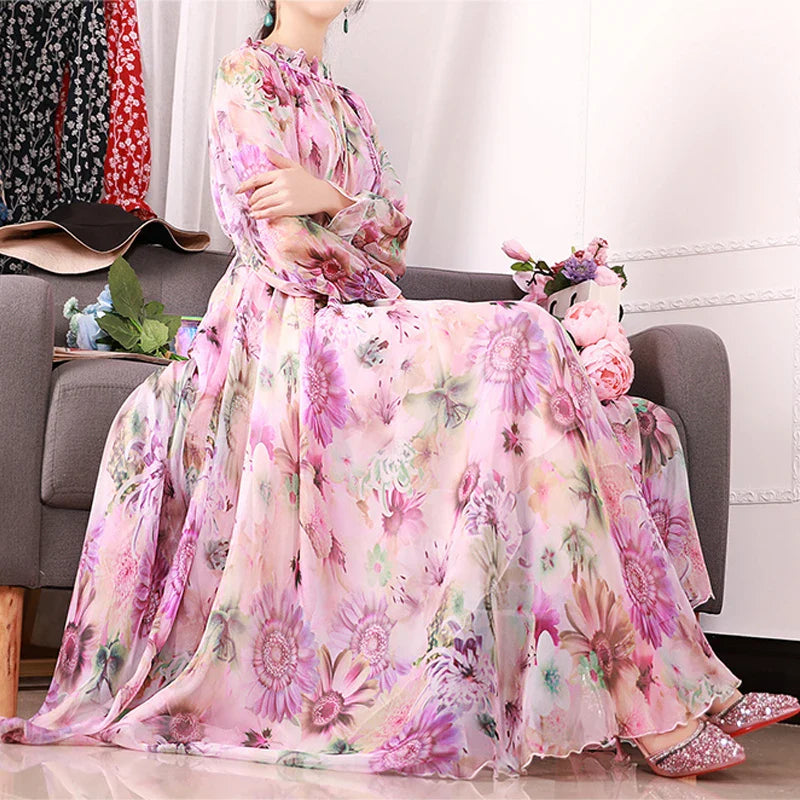 Flowy Chiffon Floral Print Maxi Dress for Women with Long Sleeves and Belt, Boho Beach Party Garden Elegant Dress