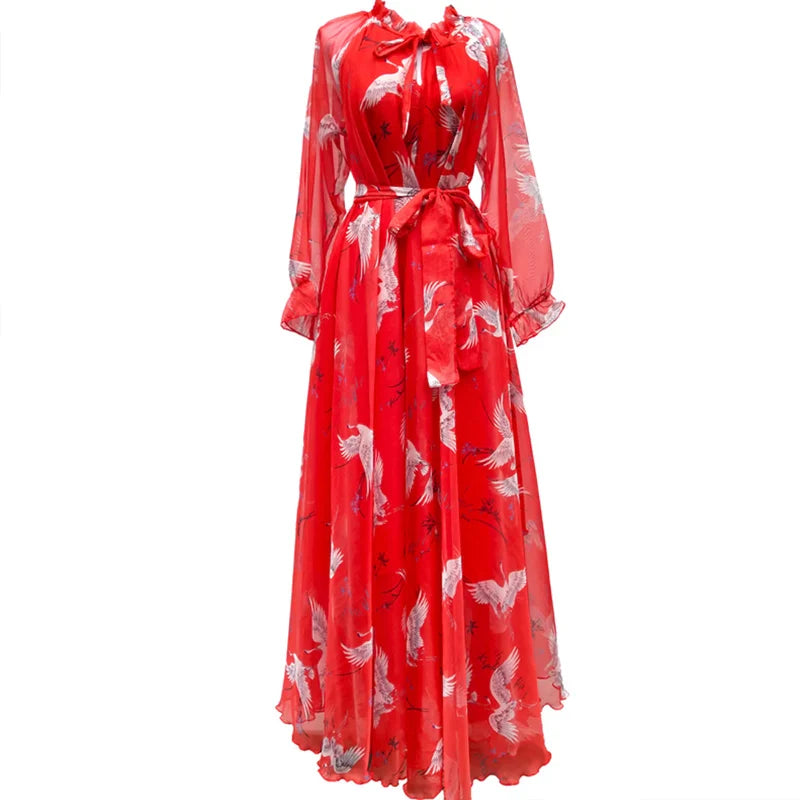 Flowy Chiffon Floral Print Maxi Dress for Women with Long Sleeves and Belt, Boho Beach Party Garden Elegant Dress