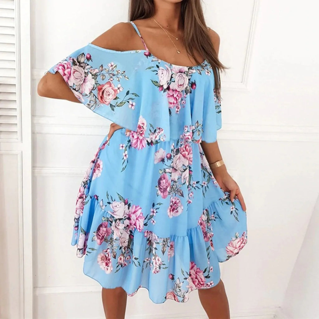Women's Chiffon Off Shoulder Swing Dress with Ruffle Edge and Floral Print for Spring and Summer
