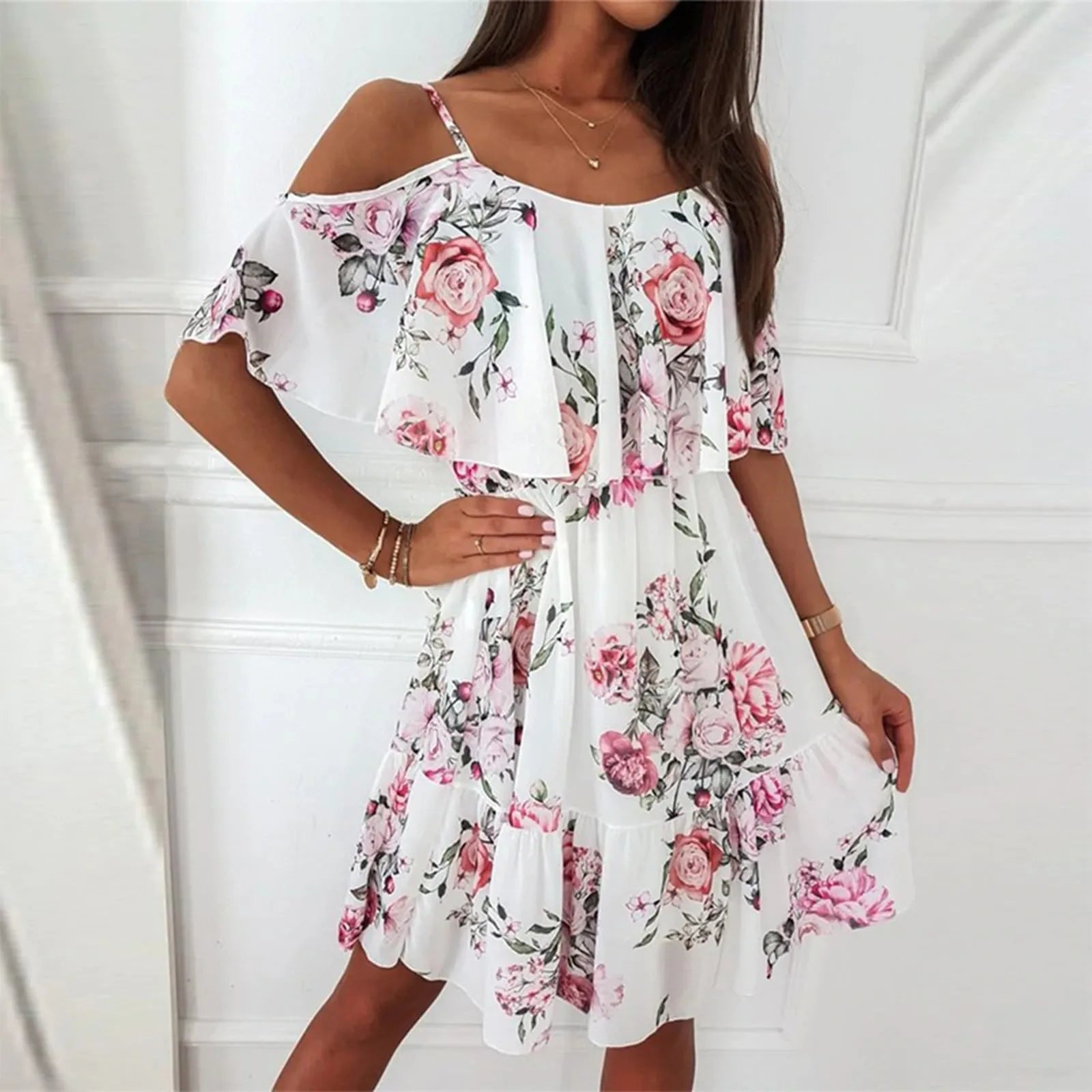 Women's Chiffon Off Shoulder Swing Dress with Ruffle Edge and Floral Print for Spring and Summer