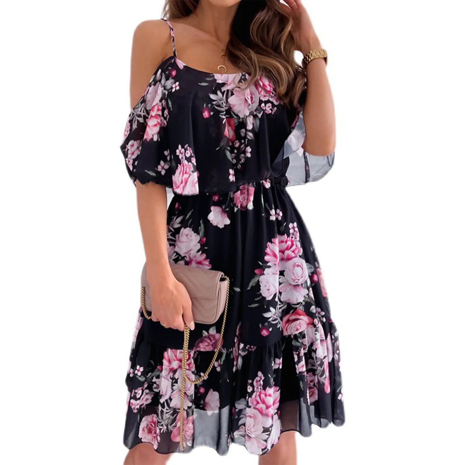 Women's Chiffon Off Shoulder Swing Dress with Ruffle Edge and Floral Print for Spring and Summer