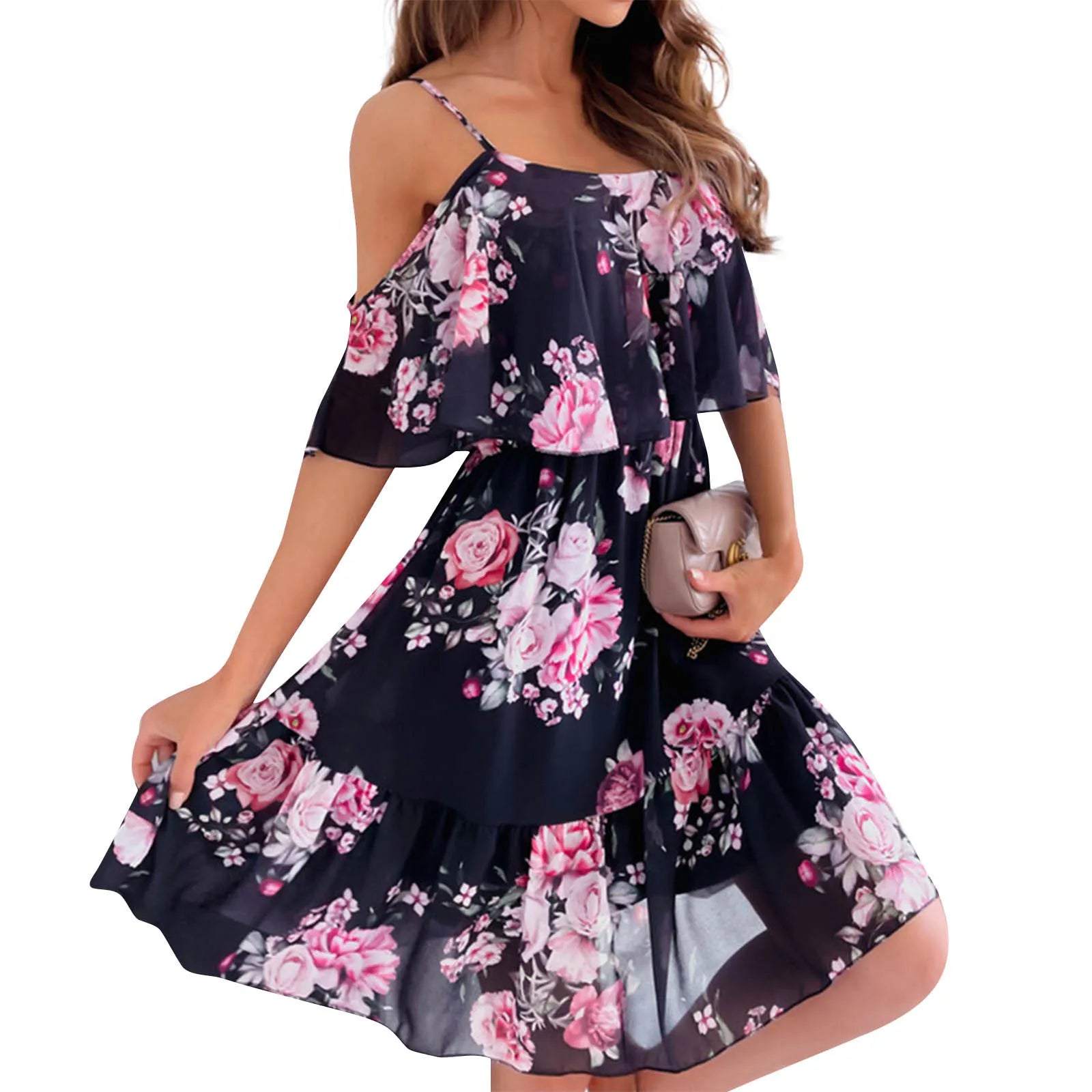 Women's Chiffon Off Shoulder Swing Dress with Ruffle Edge and Floral Print for Spring and Summer