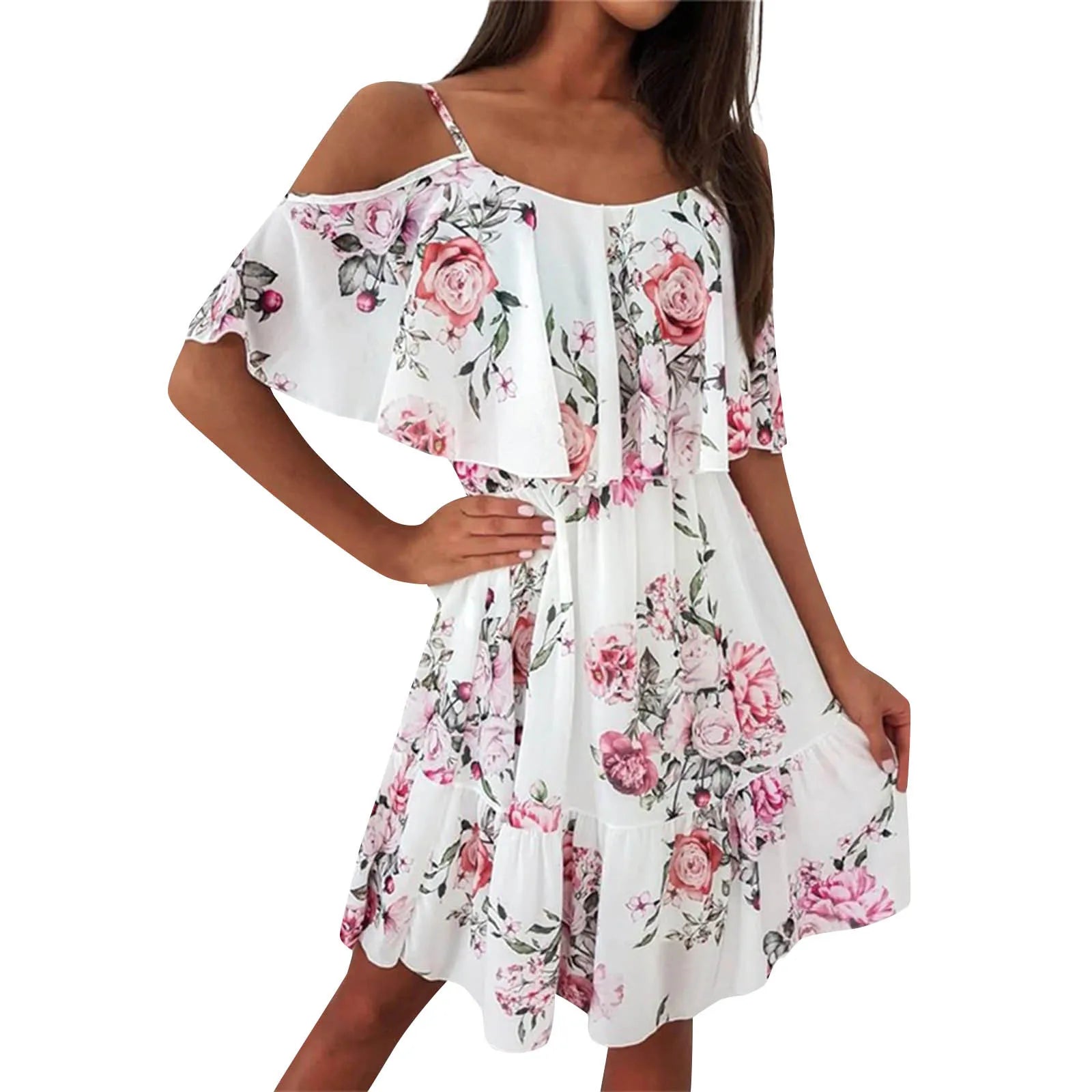 Women's Chiffon Off Shoulder Swing Dress with Ruffle Edge and Floral Print for Spring and Summer