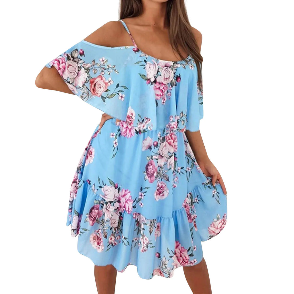 Women's Chiffon Off Shoulder Swing Dress with Ruffle Edge and Floral Print for Spring and Summer