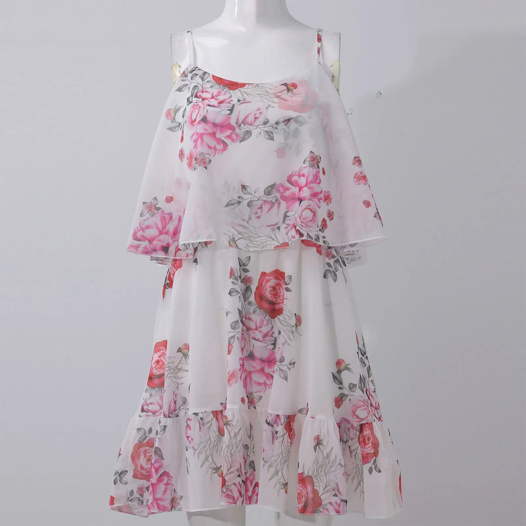 Women's Chiffon Off Shoulder Swing Dress with Ruffle Edge and Floral Print for Spring and Summer
