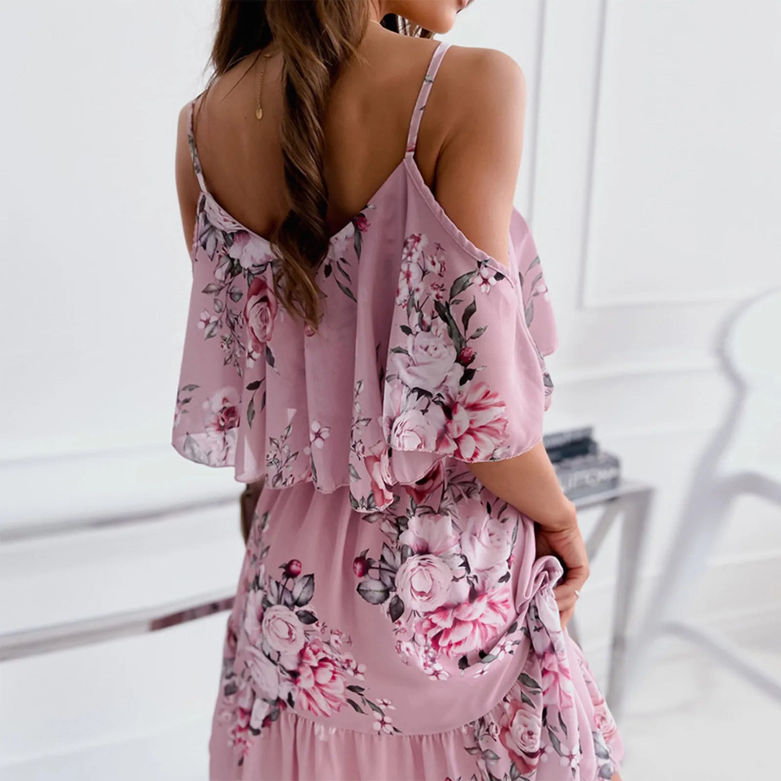 Women's Chiffon Off Shoulder Swing Dress with Ruffle Edge and Floral Print for Spring and Summer