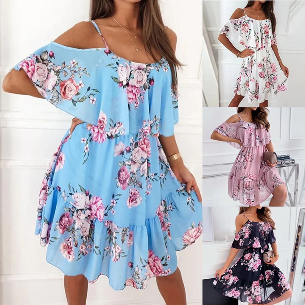 Women's Chiffon Off Shoulder Swing Dress with Ruffle Edge and Floral Print for Spring and Summer