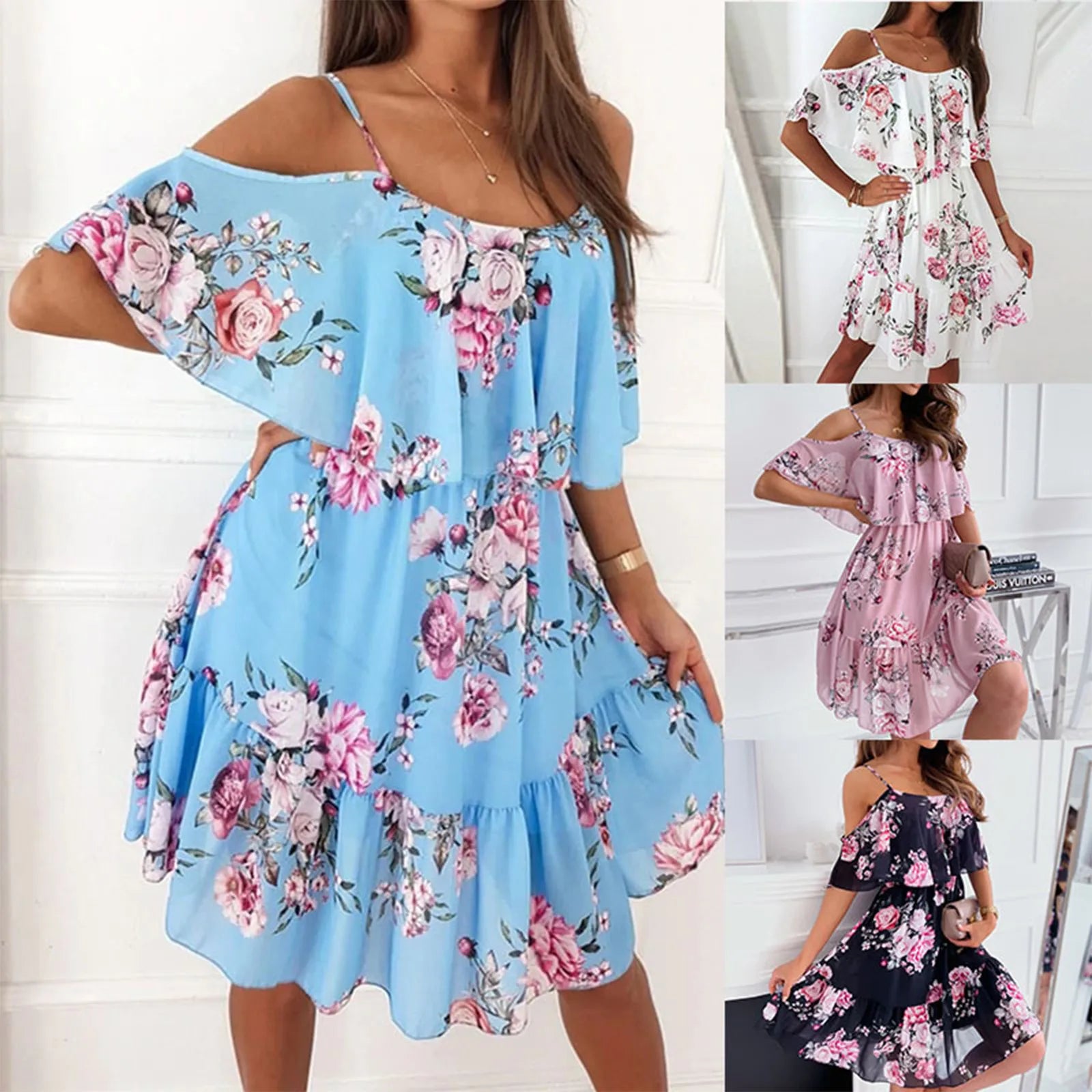 Women's Chiffon Off Shoulder Swing Dress with Ruffle Edge and Floral Print for Spring and Summer