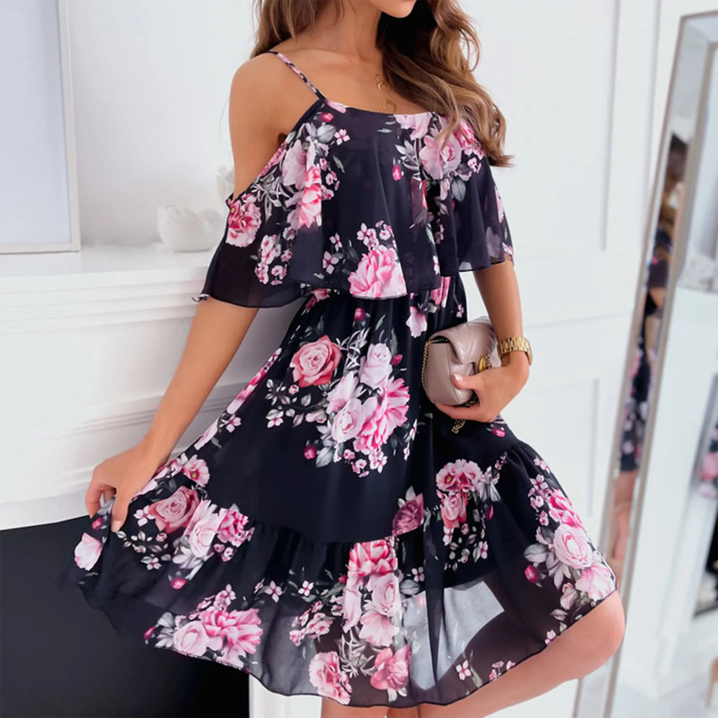 Women's Chiffon Off Shoulder Swing Dress with Ruffle Edge and Floral Print for Spring and Summer