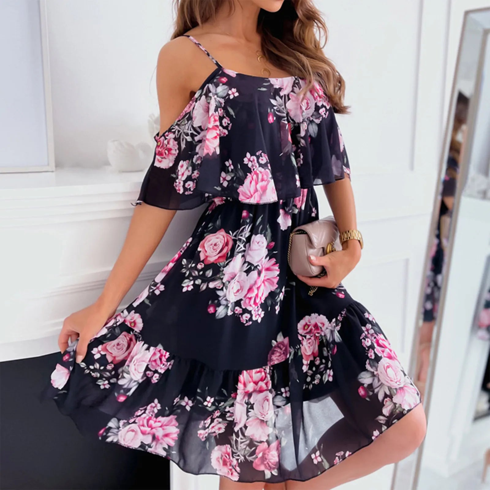 Women's Chiffon Off Shoulder Swing Dress with Ruffle Edge and Floral Print for Spring and Summer