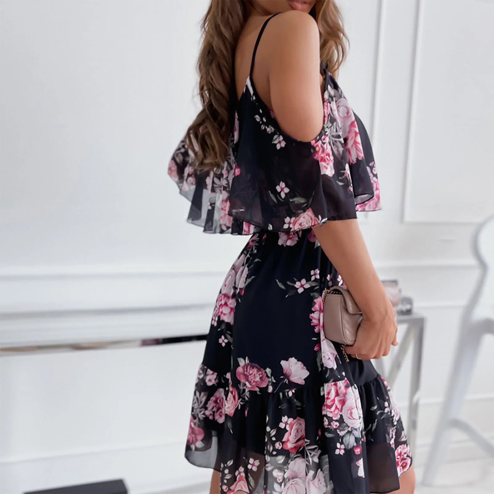Women's Chiffon Off Shoulder Swing Dress with Ruffle Edge and Floral Print for Spring and Summer