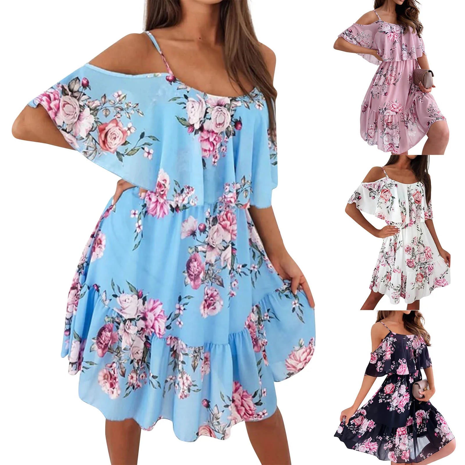 Women's Chiffon Off Shoulder Swing Dress with Ruffle Edge and Floral Print for Spring and Summer