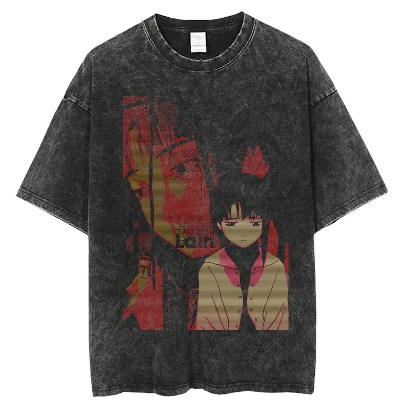 Japanese Anime Serial Experiments Lain Vintage Washed Cotton T Shirt Casual Short Sleeve Harajuku Style Unisex Summer Tee for Men and Women
