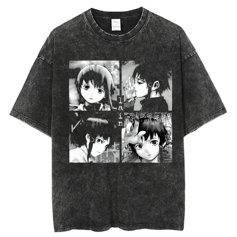 Japanese Anime Serial Experiments Lain Vintage Washed Cotton T Shirt Casual Short Sleeve Harajuku Style Unisex Summer Tee for Men and Women