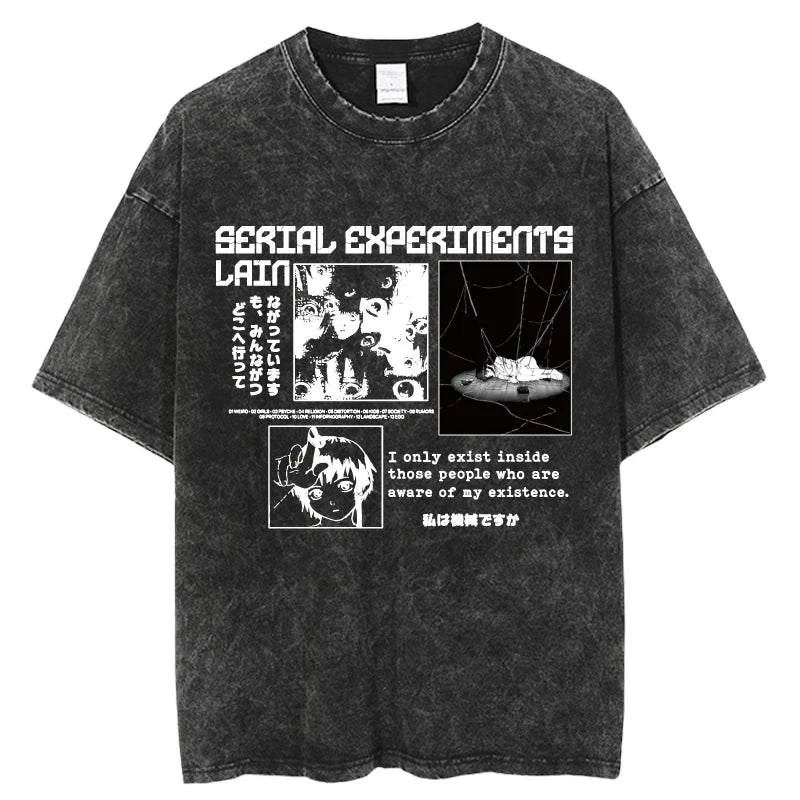 Japanese Anime Serial Experiments Lain Vintage Washed Cotton T Shirt Casual Short Sleeve Harajuku Style Unisex Summer Tee for Men and Women