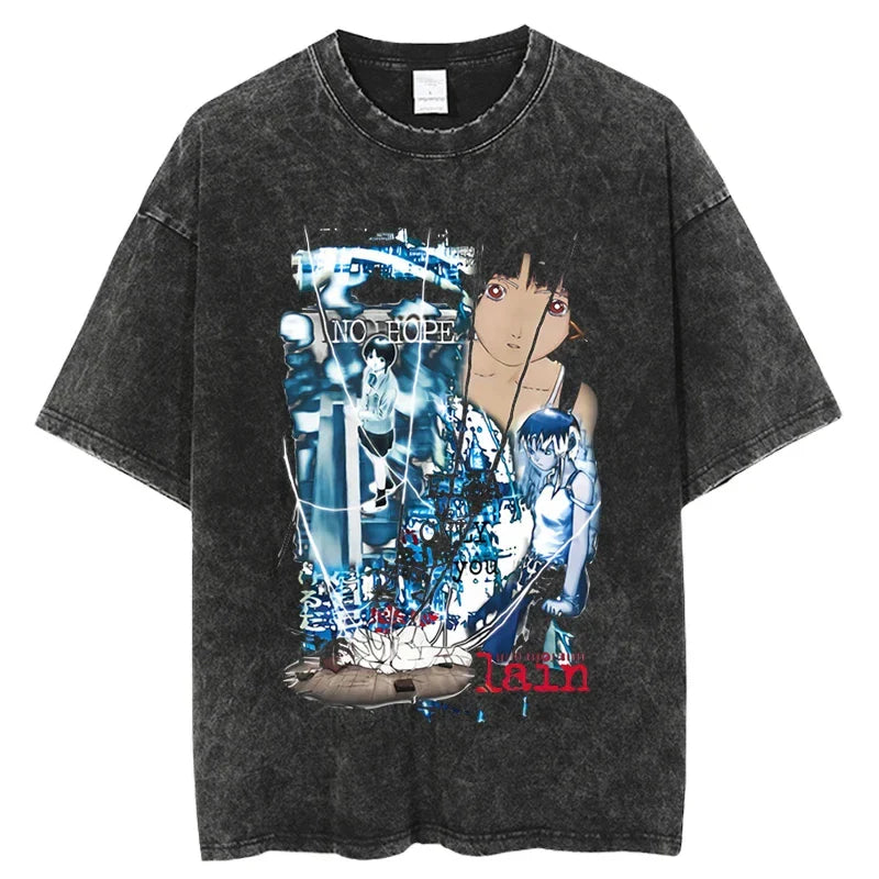 Japanese Anime Serial Experiments Lain Vintage Washed Cotton T Shirt Casual Short Sleeve Harajuku Style Unisex Summer Tee for Men and Women