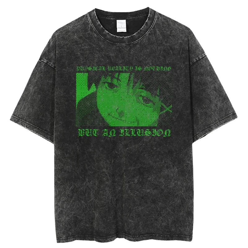 Japanese Anime Serial Experiments Lain Vintage Washed Cotton T Shirt Casual Short Sleeve Harajuku Style Unisex Summer Tee for Men and Women