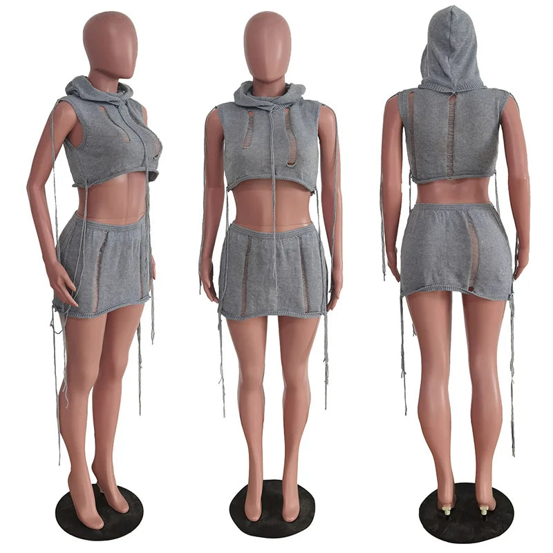 Women's Streetwear Crochet Knit Two Piece Set Hole Hooded Crop Top and Mini Skirt Y2K Nightclub Outfit