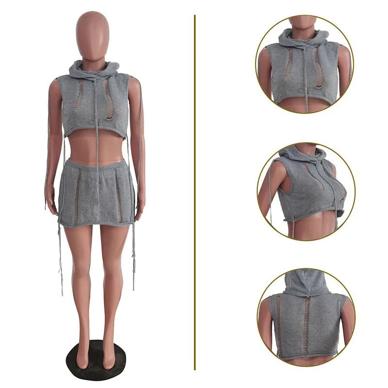 Women's Streetwear Crochet Knit Two Piece Set Hole Hooded Crop Top and Mini Skirt Y2K Nightclub Outfit
