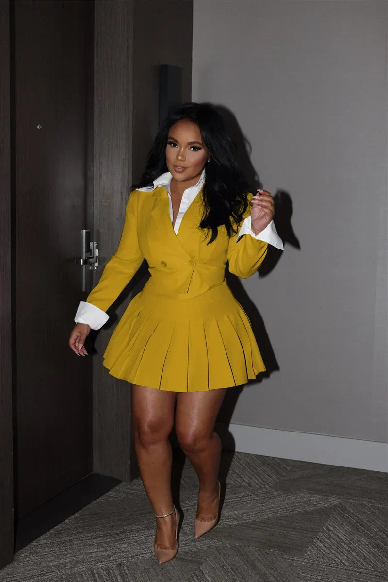 Elegant Women's 2 Piece Workwear Suit Set Double-Breasted Blazer with A-Line Pleated Mini Skirt Professional Office Lady Outfit