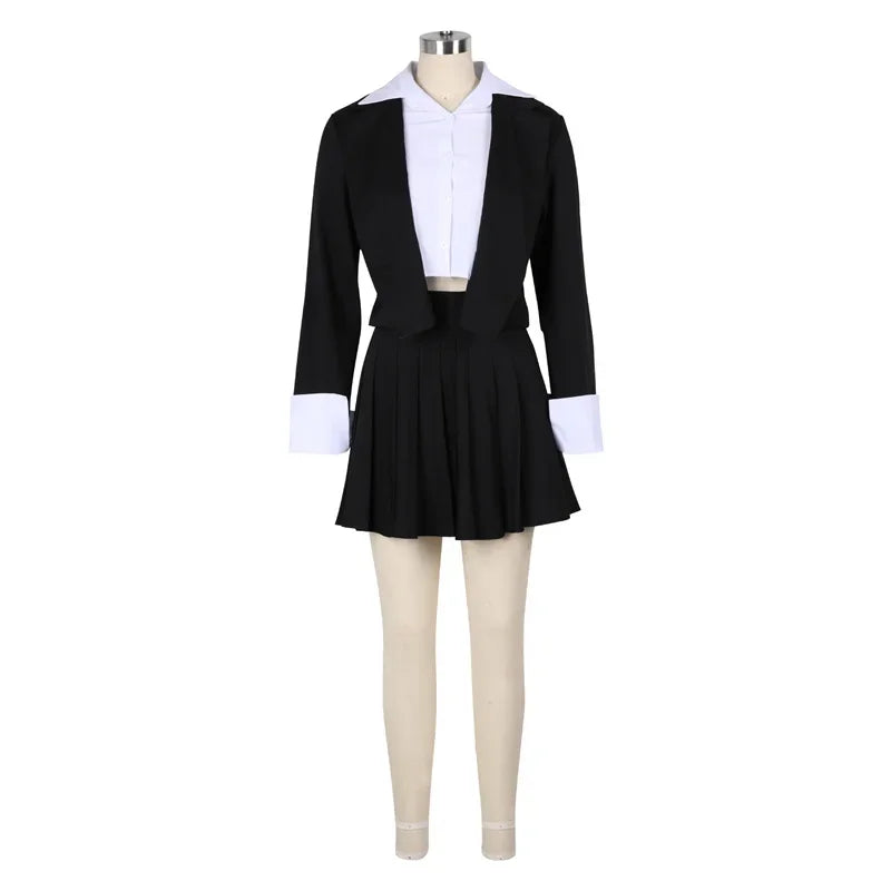 Elegant Women's 2 Piece Workwear Suit Set Double-Breasted Blazer with A-Line Pleated Mini Skirt Professional Office Lady Outfit