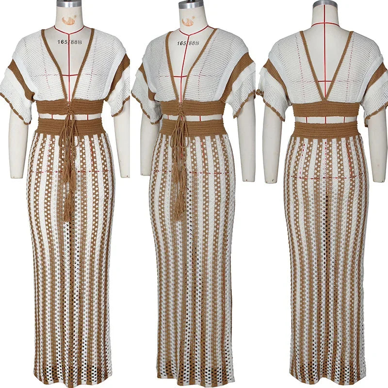 Striped Knitted Two Piece Set Women V Neck Hollow Out Crop Top and Long Maxi Skirt Clubwear Party Outfit