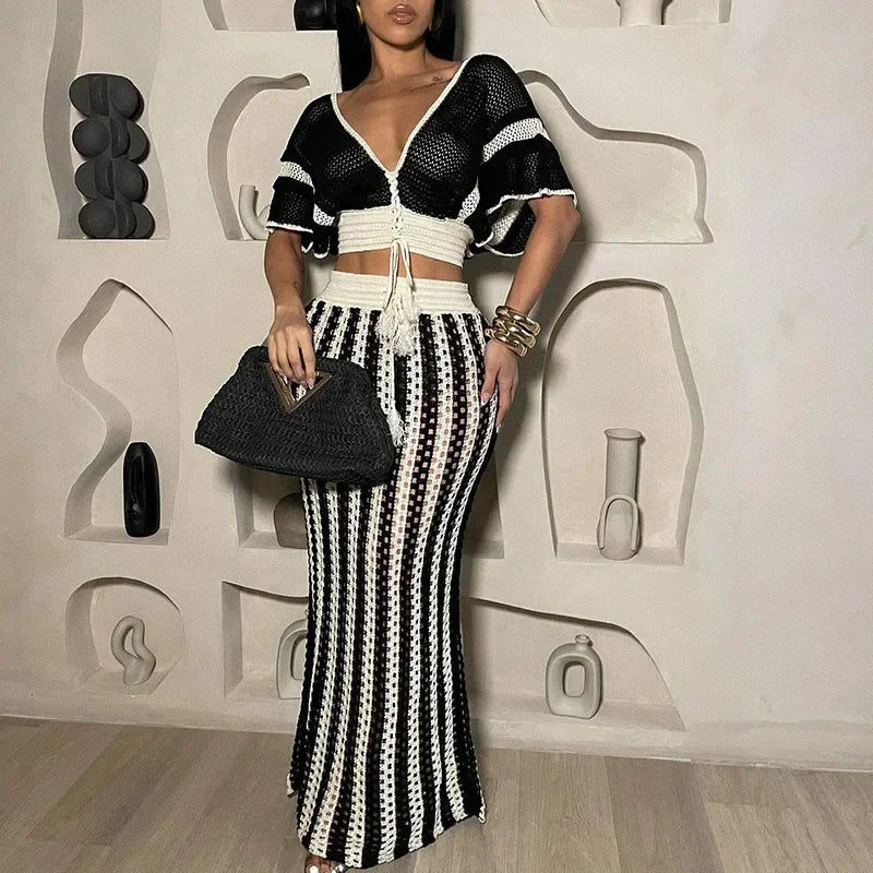 Striped Knitted Two Piece Set Women V Neck Hollow Out Crop Top and Long Maxi Skirt Clubwear Party Outfit