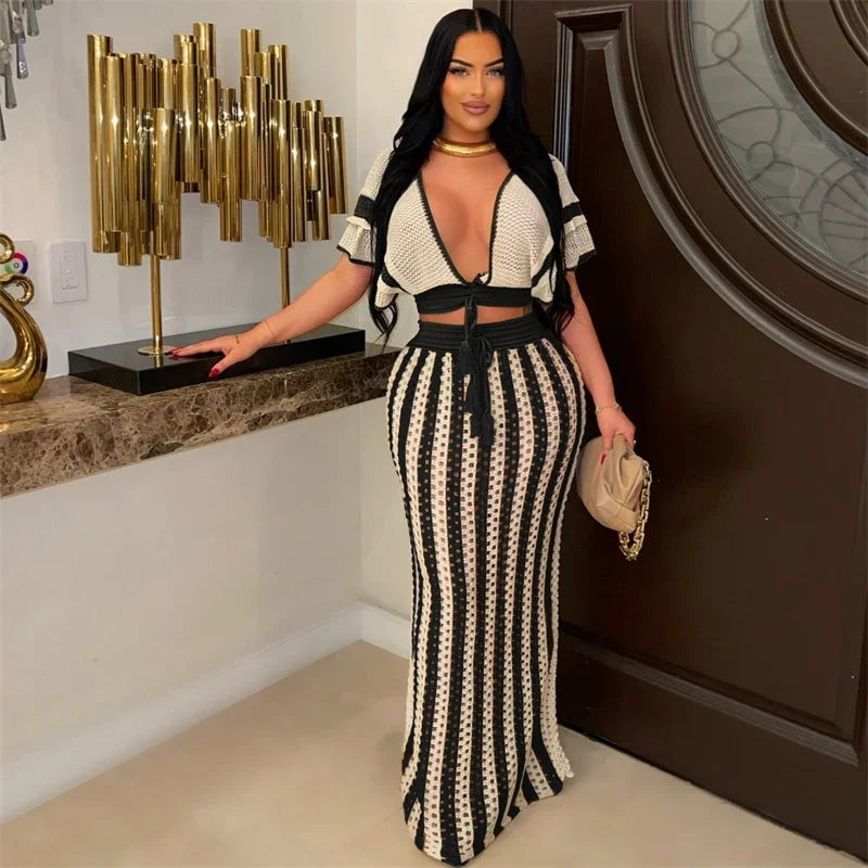 Striped Knitted Two Piece Set Women V Neck Hollow Out Crop Top and Long Maxi Skirt Clubwear Party Outfit