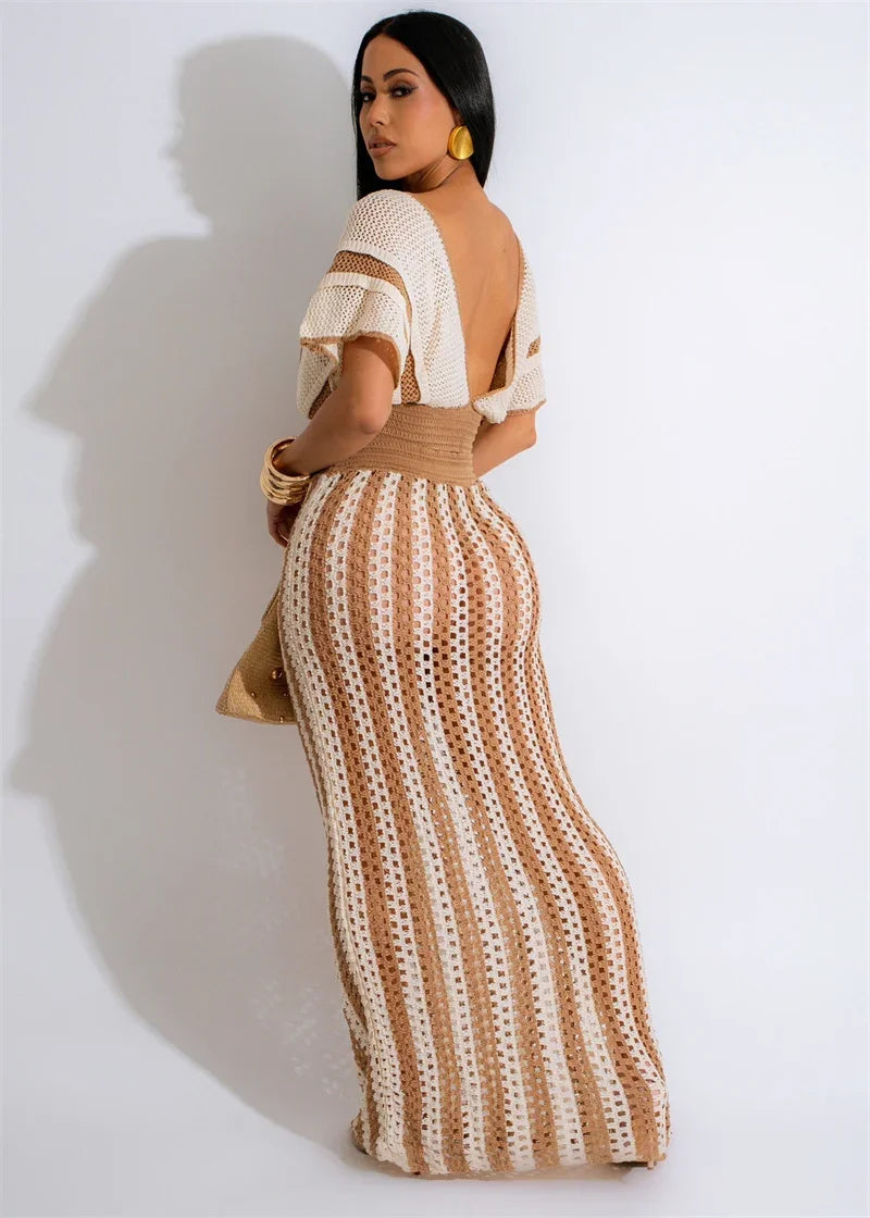 Striped Knitted Two Piece Set Women V Neck Hollow Out Crop Top and Long Maxi Skirt Clubwear Party Outfit