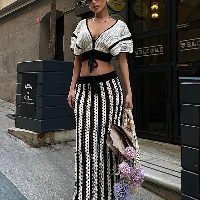 Striped Knitted Two Piece Set Women V Neck Hollow Out Crop Top and Long Maxi Skirt Clubwear Party Outfit