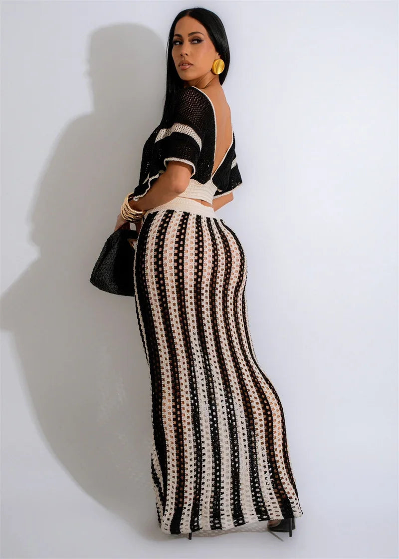 Striped Knitted Two Piece Set Women V Neck Hollow Out Crop Top and Long Maxi Skirt Clubwear Party Outfit