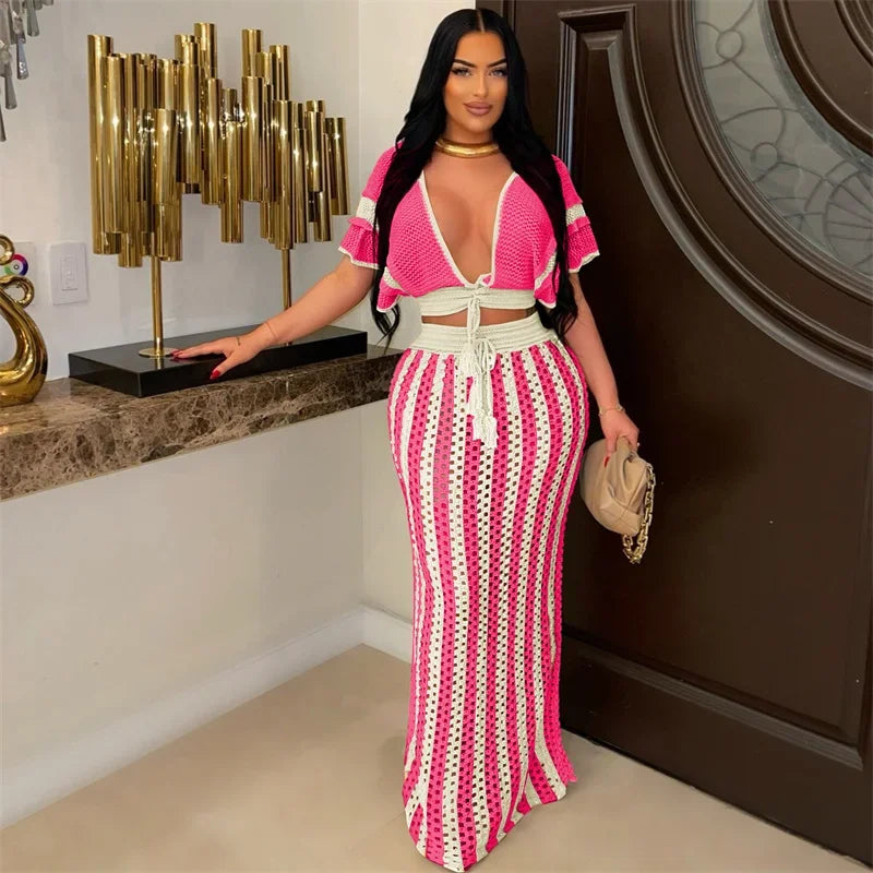 Striped Knitted Two Piece Set Women V Neck Hollow Out Crop Top and Long Maxi Skirt Clubwear Party Outfit