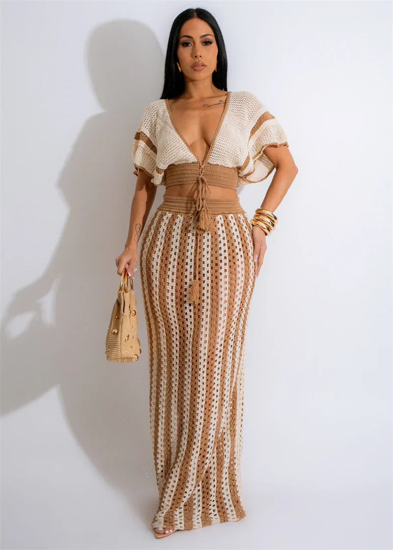 Striped Knitted Two Piece Set Women V Neck Hollow Out Crop Top and Long Maxi Skirt Clubwear Party Outfit