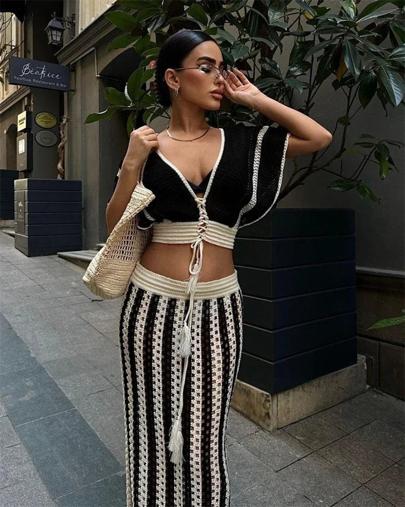 Striped Knitted Two Piece Set Women V Neck Hollow Out Crop Top and Long Maxi Skirt Clubwear Party Outfit