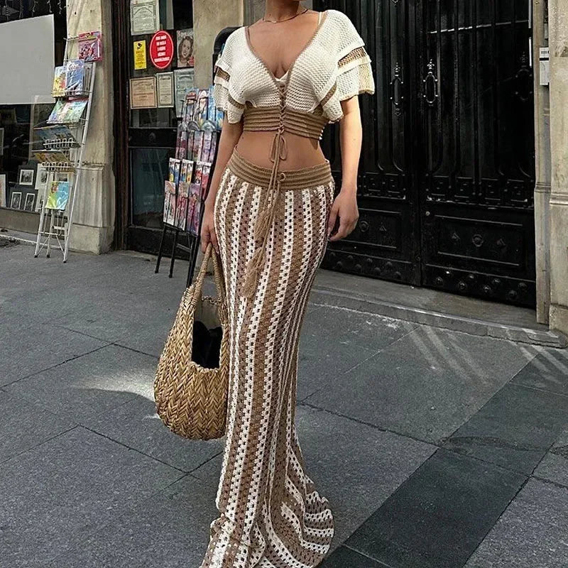 Striped Knitted Two Piece Set Women V Neck Hollow Out Crop Top and Long Maxi Skirt Clubwear Party Outfit