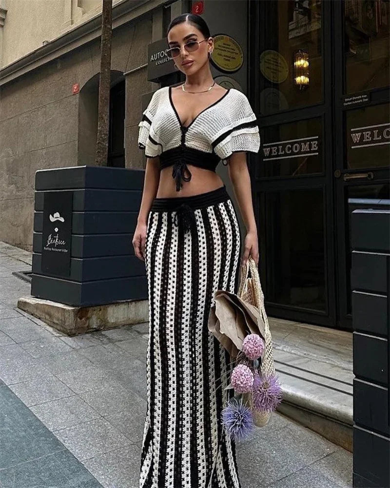 Striped Knitted Two Piece Set Women V Neck Hollow Out Crop Top and Long Maxi Skirt Clubwear Party Outfit