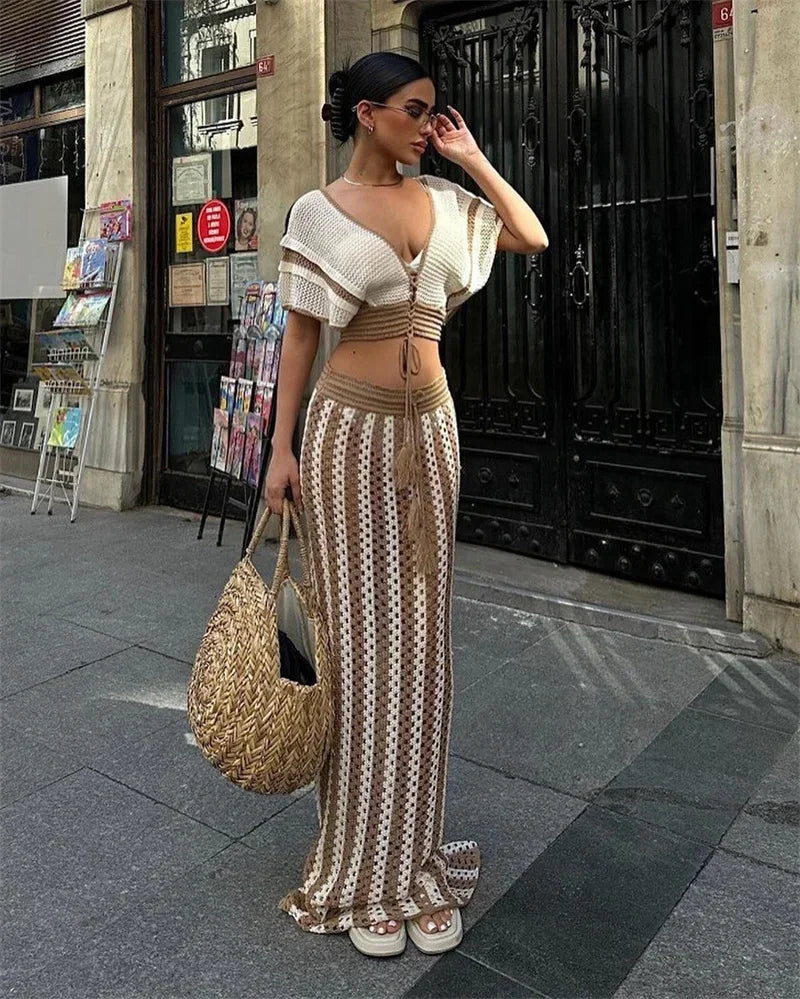 Striped Knitted Two Piece Set Women V Neck Hollow Out Crop Top and Long Maxi Skirt Clubwear Party Outfit
